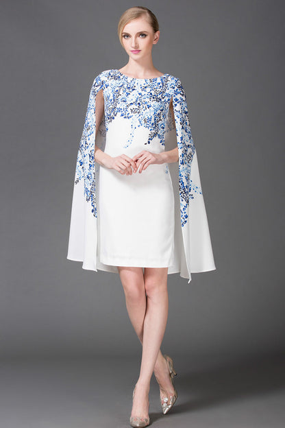 Boat Neck Blue And White Porcelain Cape Poncho Dress