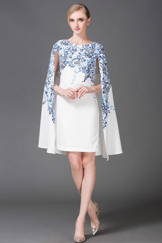 Boat Neck Blue And White Porcelain Cape Poncho Dress