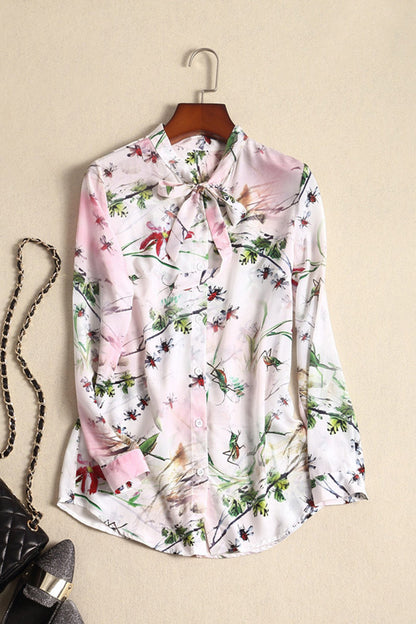 Lacing Stand Collar Floral Print Blouse