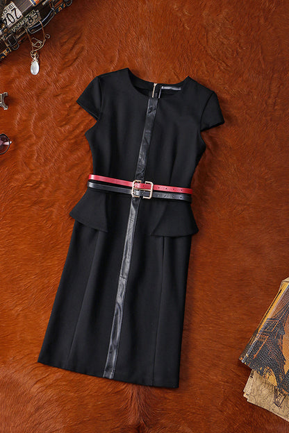 Cap Sleeve Peplum Cross Line With Color Block Belt Little Back Wear To Work Dress