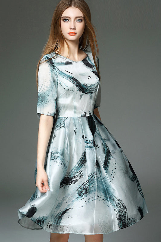 Round Collar Ink Print Mesh Patch Pleat Tunic Dress