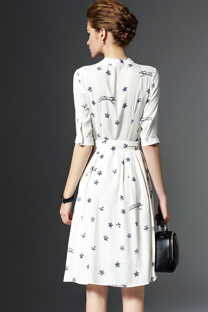 Stand Collar Slim Waist Line Short Sleeve Midi Dress With Belt
