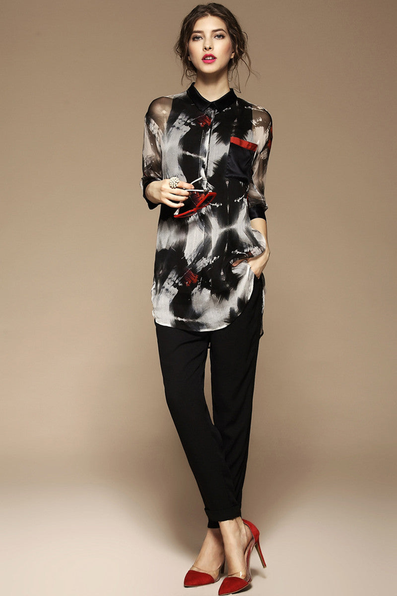 WOMEN'S CASUAL LOOSE POLO NECK TOP PARINTING SHIRT