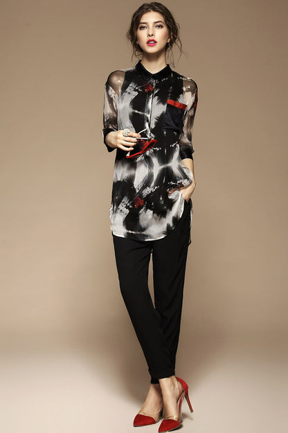 WOMEN'S CASUAL LOOSE POLO NECK TOP PARINTING SHIRT