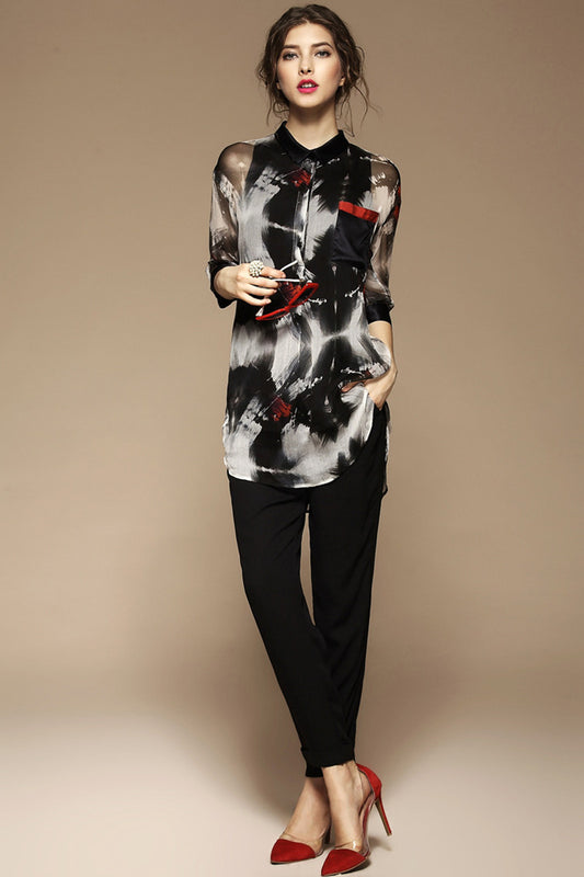 WOMEN'S CASUAL LOOSE POLO NECK TOP PARINTING SHIRT
