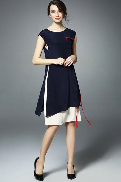 Round Collar Side Slit Irregular Dress