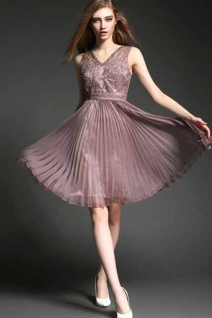 V-Neck Embroidered Mixed Bead Illusion Pleated Cocktail Dress