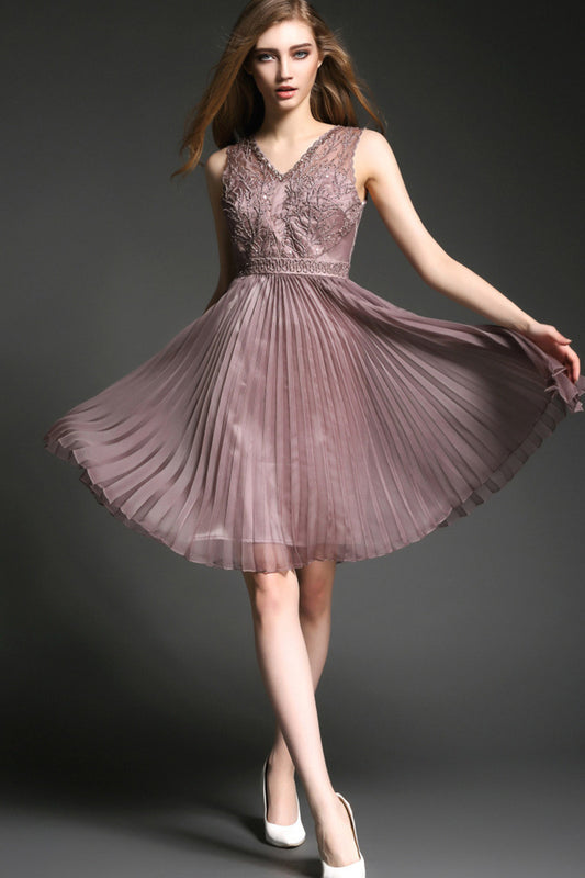 V-Neck Embroidered Mixed Bead Illusion Pleated Cocktail Dress
