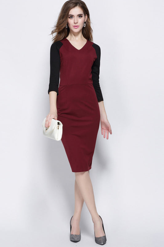 SLIM ELEGANT FORMAL 3/4 SLEEVE BODYCON V NECK COCKTAIL DRESS
