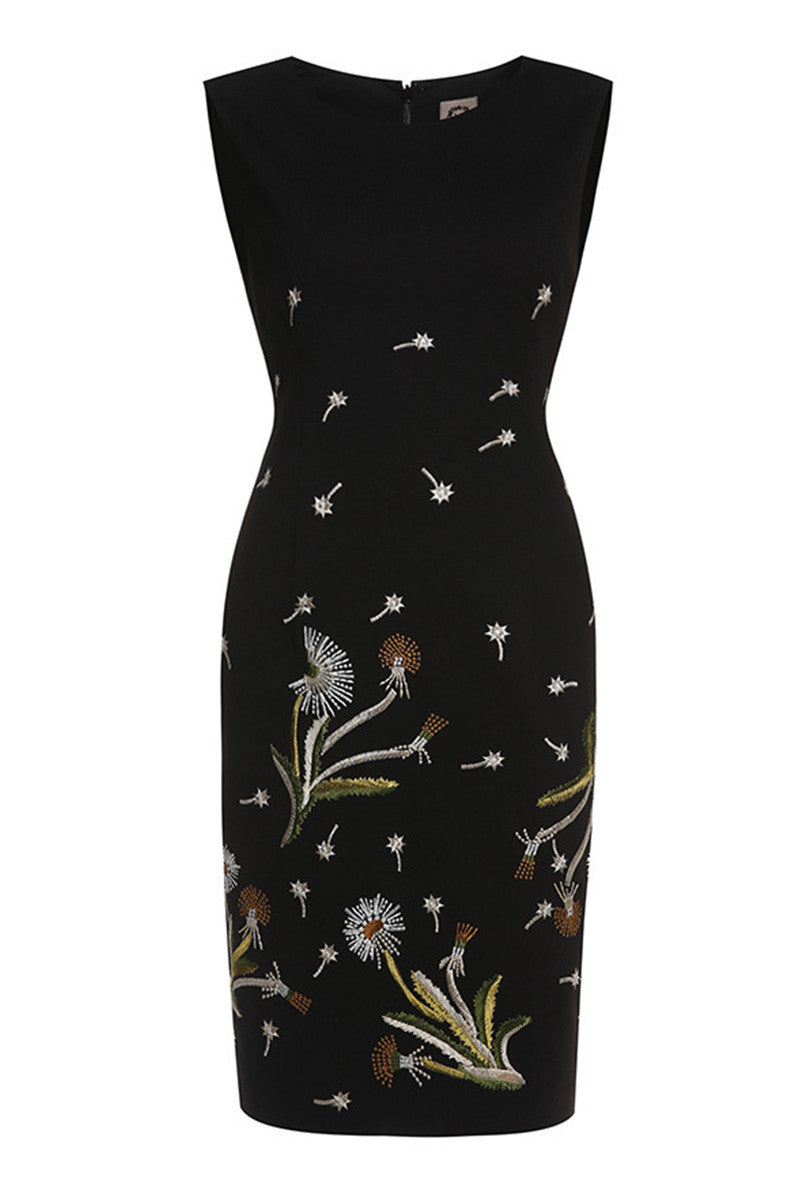 Round Collar Sleeveless Slim Embroideried Dandelion Wrap Dress