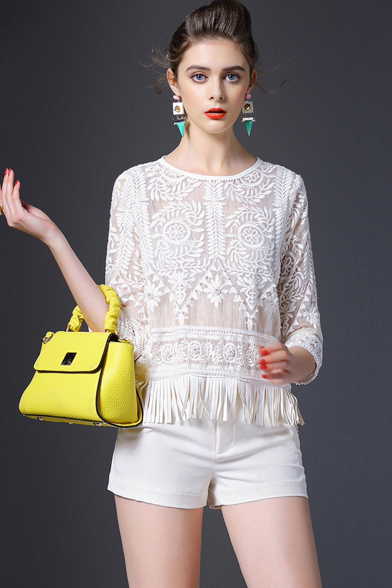 Sheer Stitchwork Tassels Hem 3/4 Sleeve Tops