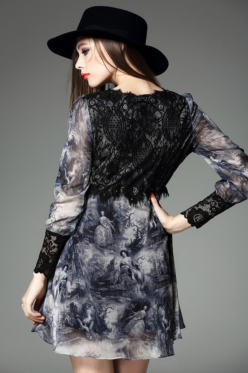 Ink Printting Dress With Lace Layer On Bust - NJOYDRESS - 3