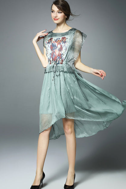Round Collar See Through Flare Sleeve Floral Print Hi-Low Pleated Dress