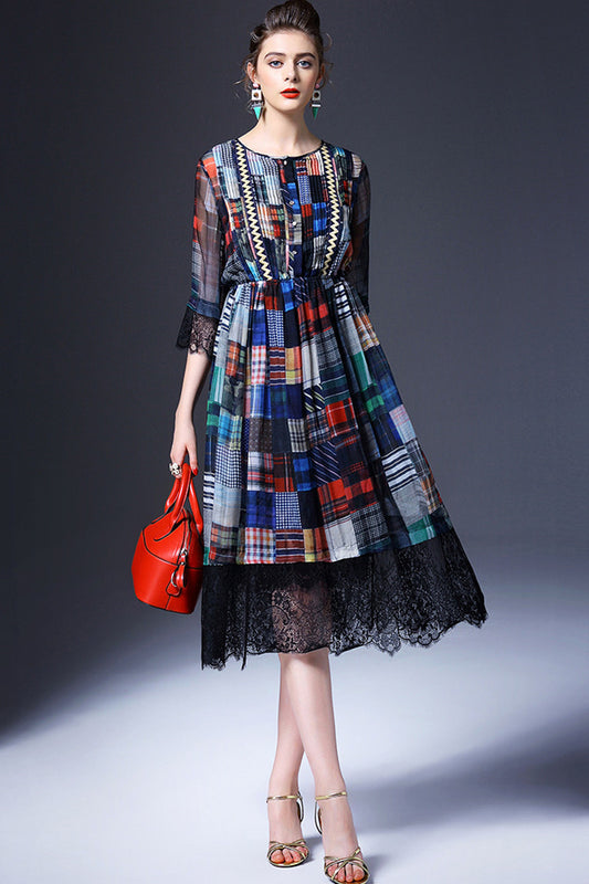 WOMEN'S LESBIAN CASUAL ELEGRANT 3/4 SLEEVE DIGITAIL PRINTING MIDI DRESS