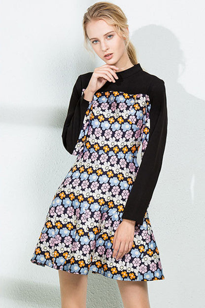 Floral Block Slim-and-Flared Short Dress