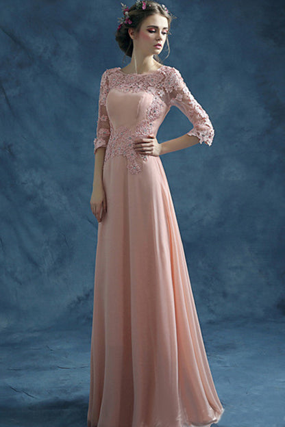 Round Collar Beaded Floral Lace Runched Long Dress