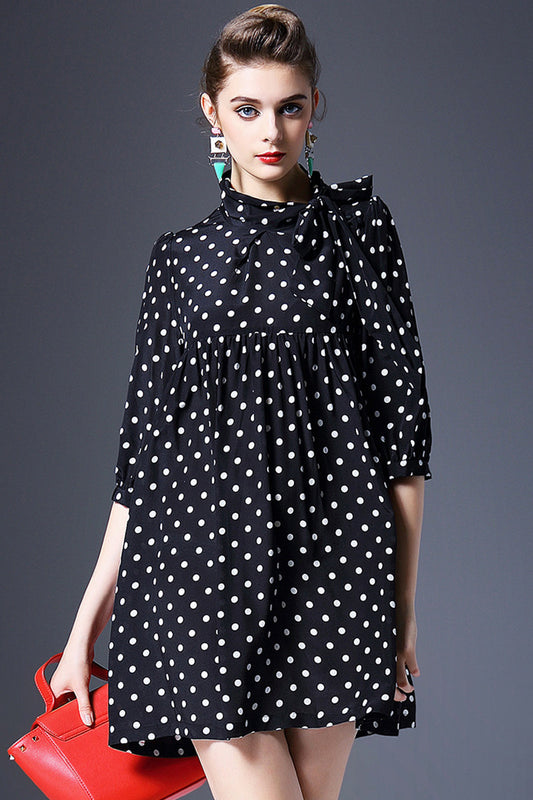WOMEN'S DOT PRINTING STAND COLLAR HALF SLEEVE SHORT DRESS