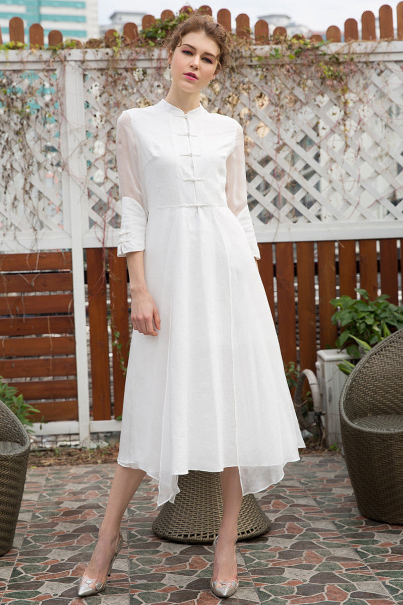 Stand Collar Sheer Sleeve  Chi-Pao Button Retro Swing Dress