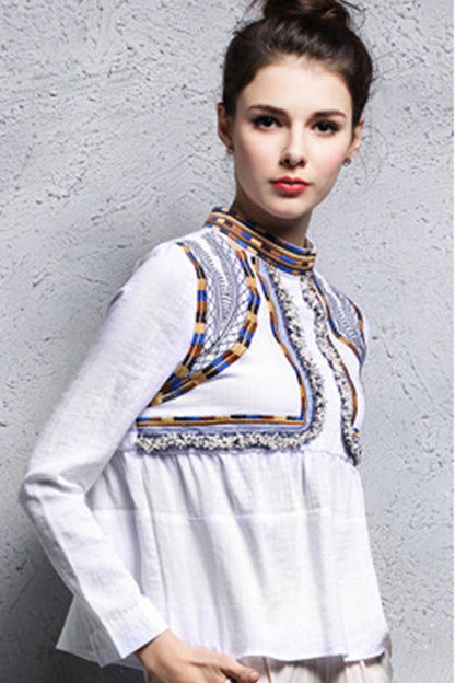 Stand Collar Tassel Patch  Embroidered Shirt - NJOYDRESS - 1
