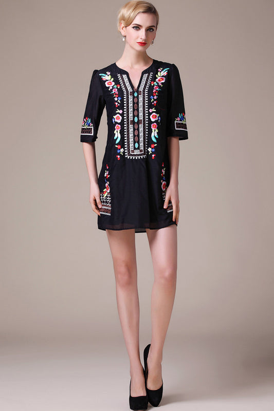 WOMEN'S V NECK CHINESE STYLE EMBROIDERY HALF SLEEVE CASUAL DRESS