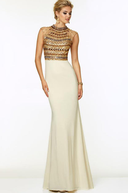 Mock Neck Acrylic Beaded Top Low Cut Back Waist Party Dress