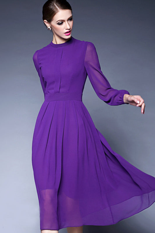WOMEN'S ELEGANT ROUND NECK SLIM PURPLE DRESS