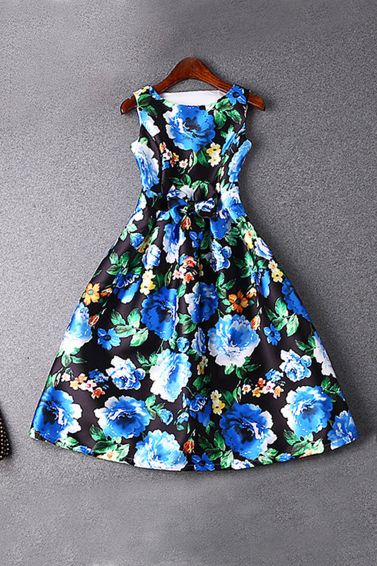 WOMEN'S PRINT AND FLORAL SLEEVELESS BOAT NECK MIDI DRESS