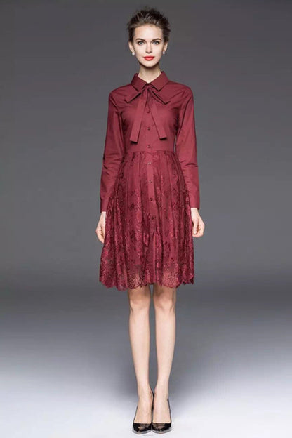 Roll Collar With Bowknot Lace Patch Dress - NJOYDRESS - 1