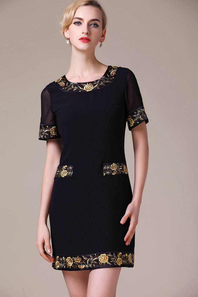 Round collar short sleeve black embroidery morality slim short dress