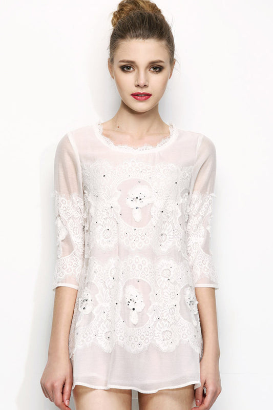 Lace Round Neck Stitchwork Loose Tops