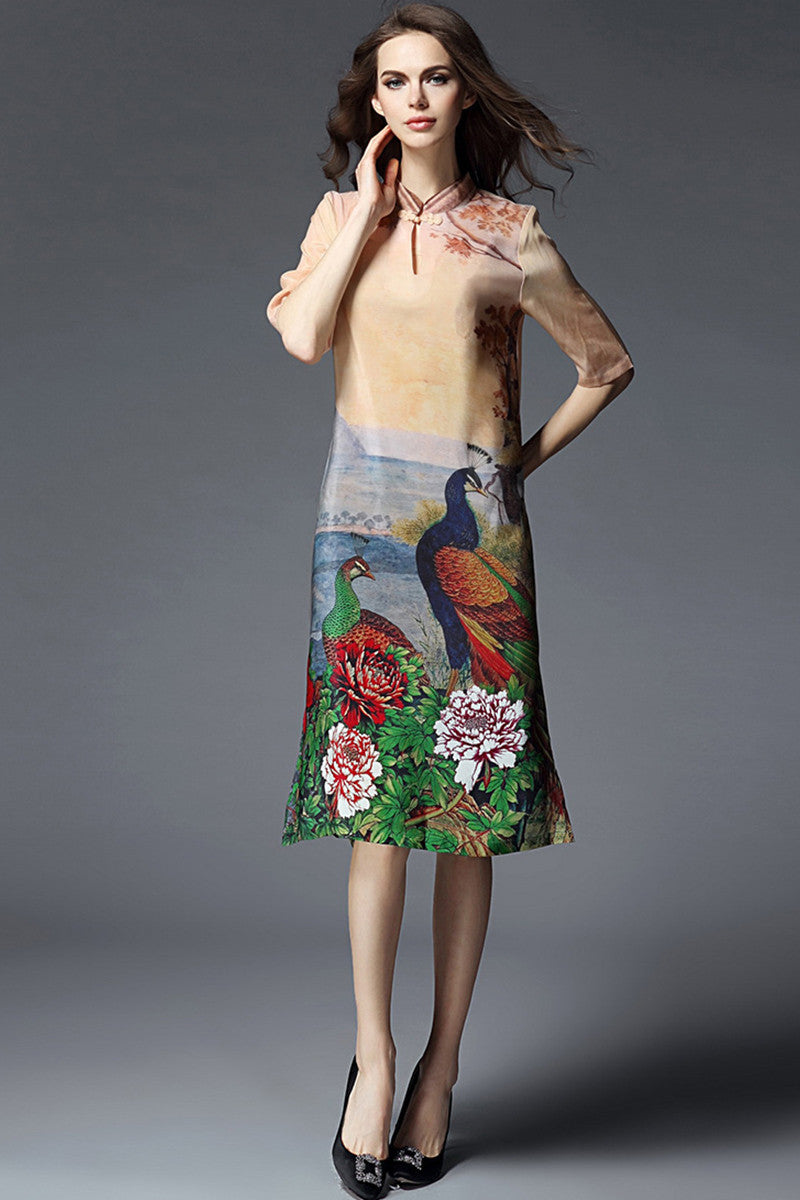 Loose Wash Printed Half Sleeve Cheongsam