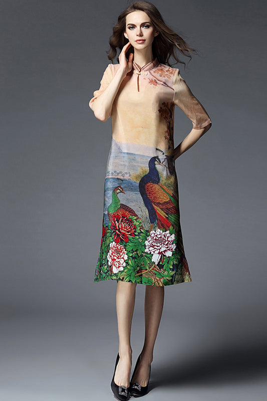 Loose Wash Printed Half Sleeve Cheongsam