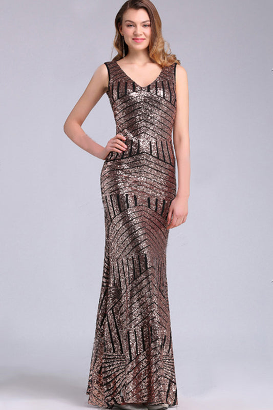 Deep V Neck Bling Sequin See Through Mesh Back Slim Stretch Maxi Dress