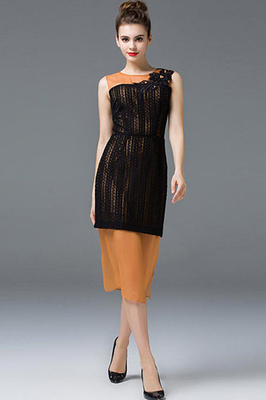 Casual Lace Chiffon Sheer Mesh Round Neck Midi Dress