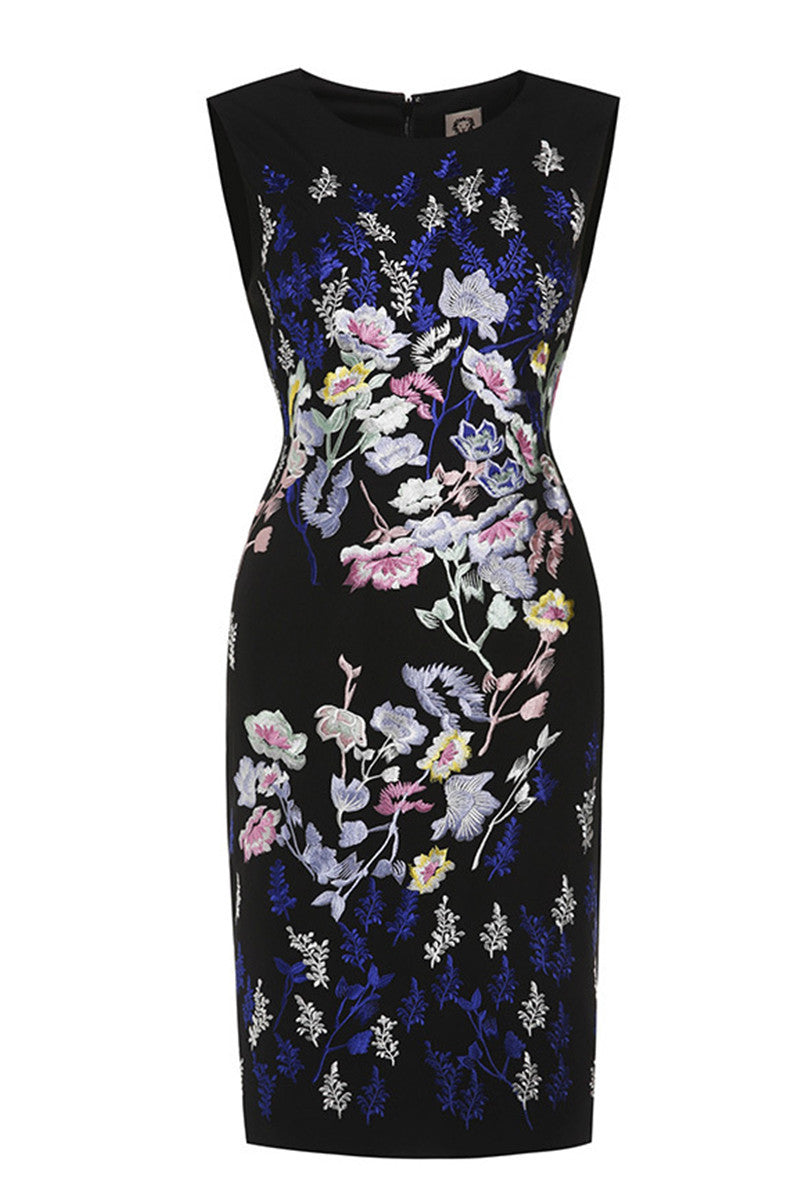 Round Collar Full  Floral Embroidery Slim Elegant Dress