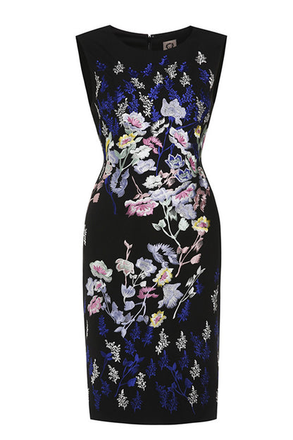 Round Collar Full  Floral Embroidery Slim Elegant Dress
