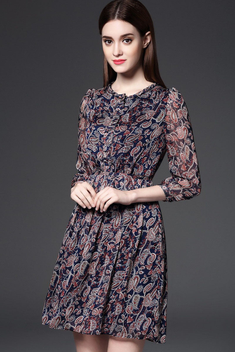 Round Collar  Abstract Floral Print Chiffon Mini Dress
