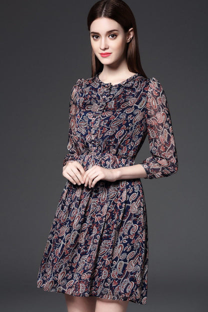 Round Collar  Abstract Floral Print Chiffon Mini Dress