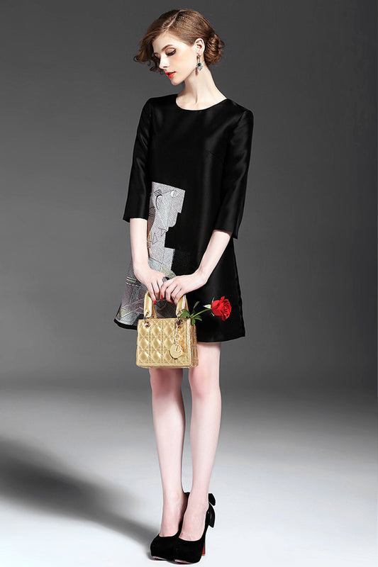 WOMEN'S CASUAL 3/4 SLEEVE EMBROIDERY ROUND NECK DRESS