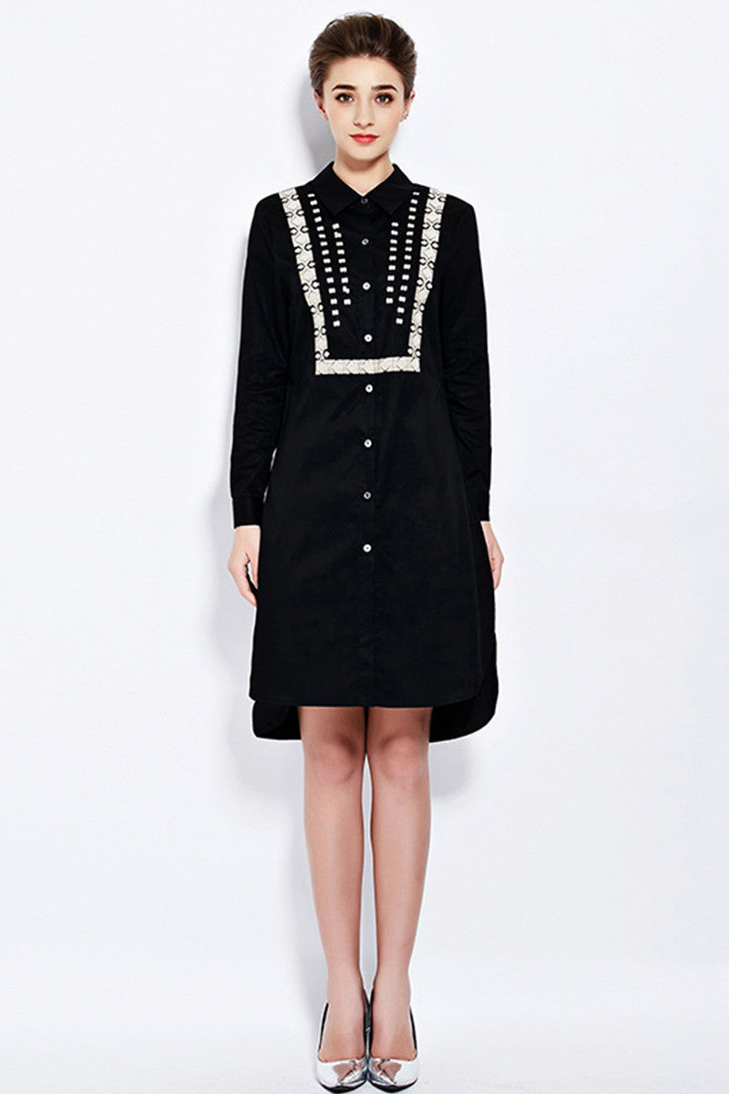 Lapel Neck Sequin Short Front Long Back Irregular Shirt Dress