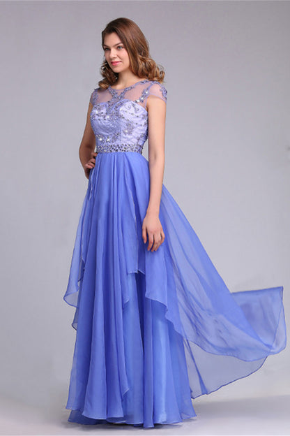 Long Beads Prom Dress Tulle Cap Sleeve Irregular Evening Dress