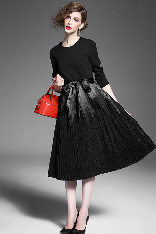 Round Collar Bowknot Belt Lace Patch Pleated Tail Dress - NJOYDRESS - 1