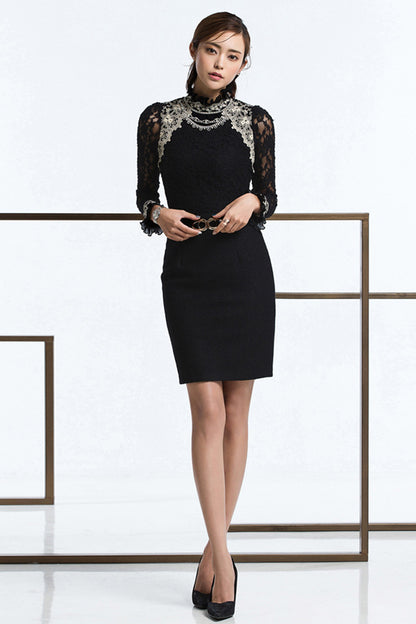 Lace Little Turtle Neck Through Look Sleeve Jacquard Slim Top - NJOYDRESS - 1