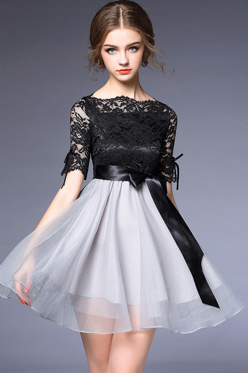 LACE BOAT NECK COCKTAIL A-LINE DRESS CHIFFON FLARE DRESS WITH BOW
