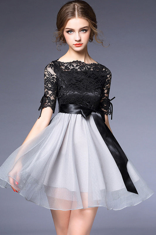 LACE BOAT NECK COCKTAIL A-LINE DRESS CHIFFON FLARE DRESS WITH BOW