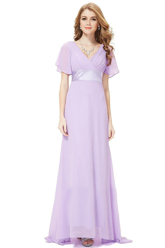 Deep V Neck Empire Waist Flare Mesh Sleeve Backless Dress Gown