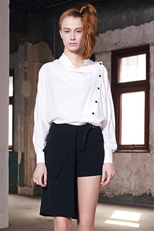 Irregular Pile Collar Button Decorated Blouse