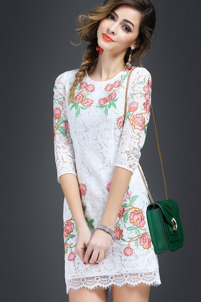 WOMEN'S CASUAL ROUND NECK FLOWER PRINTING 3/4 SLEEVE SHORT DRESS