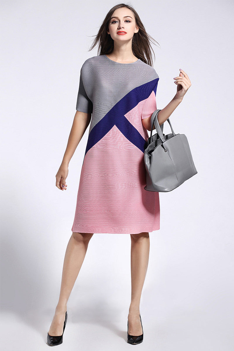 ROUND NECK SPLICE SHORT SLEEVE H-LINE CASUAL LOOSE DRESS