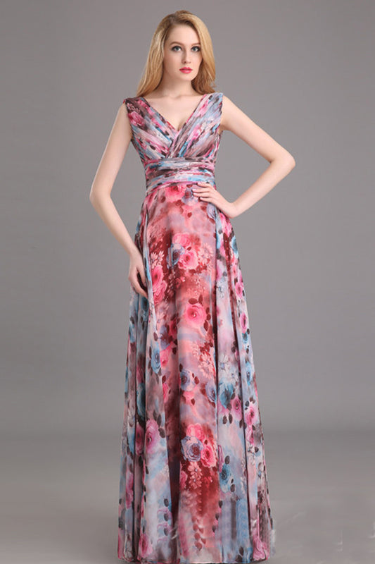 Deep V Neck High Waist Backless Floral Print Chiffon Long Dress